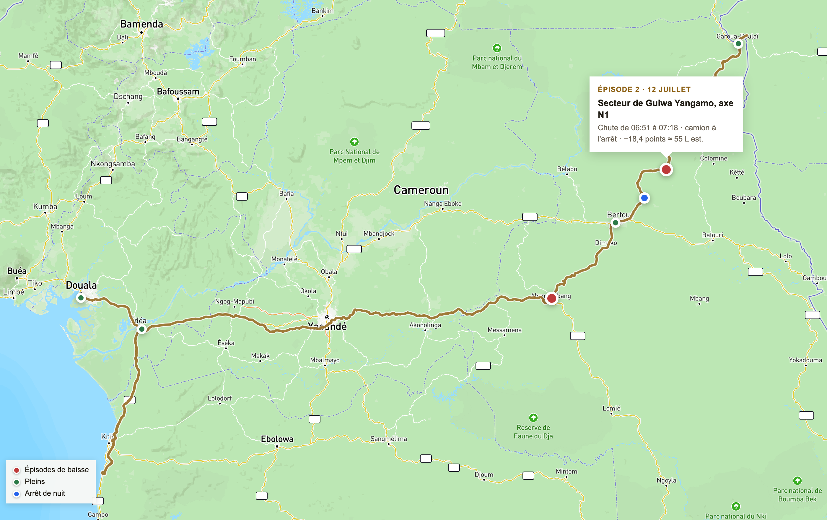 Carte du trajet Douala – Garoua-Boulaï, avec l’emplacement des pleins, de l’arrêt de nuit et des deux épisodes