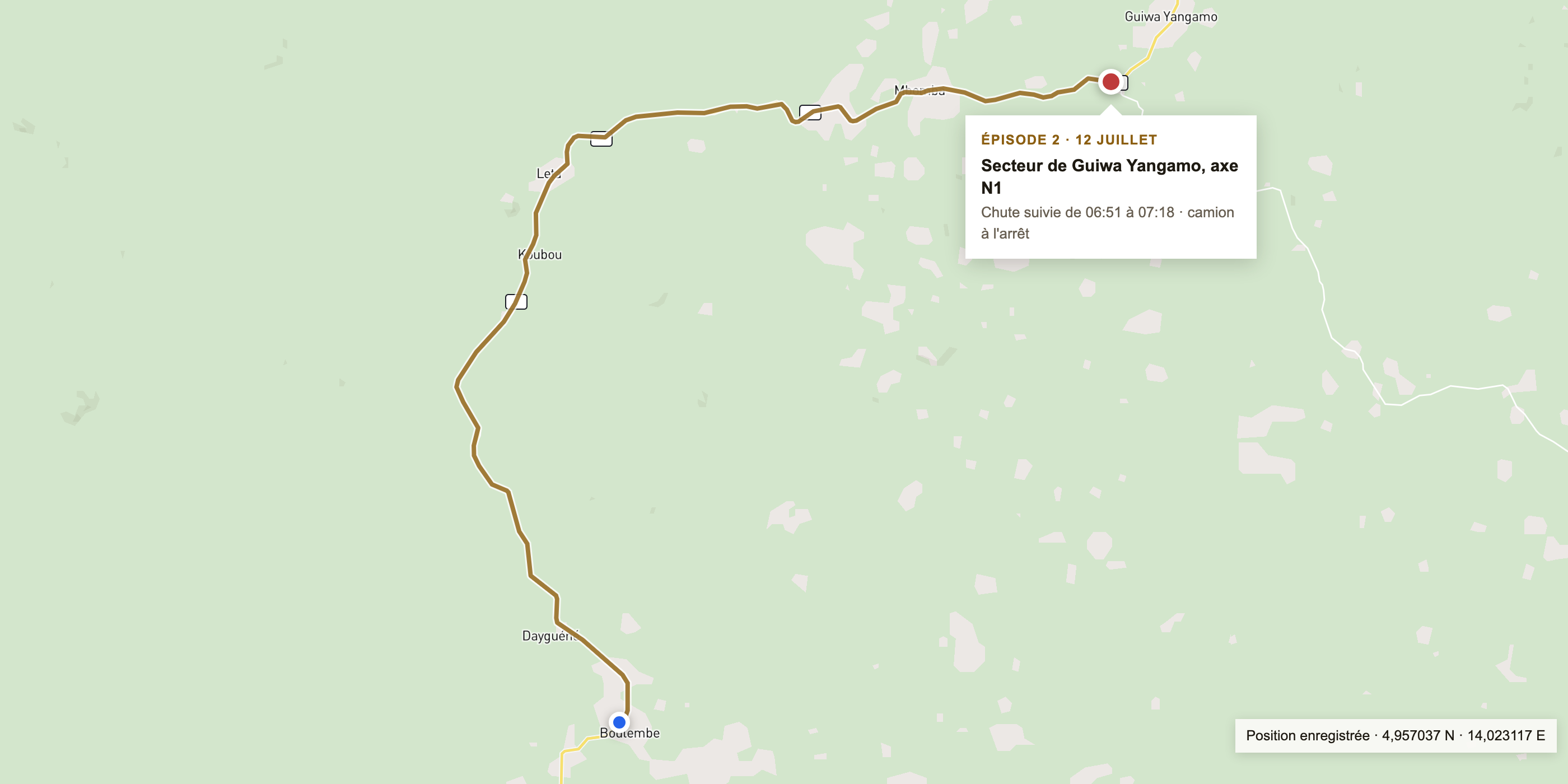 Carte de l’épisode 2 : arrêt de nuit, puis trajet jusqu’au lieu de la chute brutale, secteur de Guiwa Yangamo